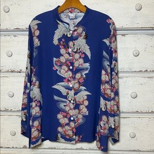 Citron Santa Monica Silk Blouse Japanese Crane Cherry Blossom Floral Size XL